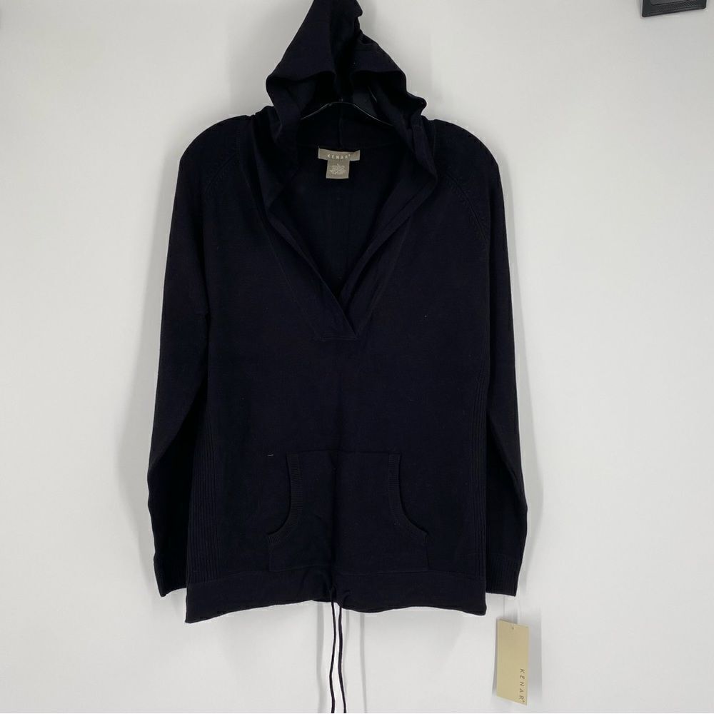 Kenar Women’s Black Slit V Neck Long Sleeve Hoodie Sweater Size L